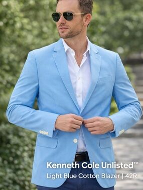 🩵 Kenneth Cole “Unlisted” Light Blue Blazer | 42R | 100% Cotton